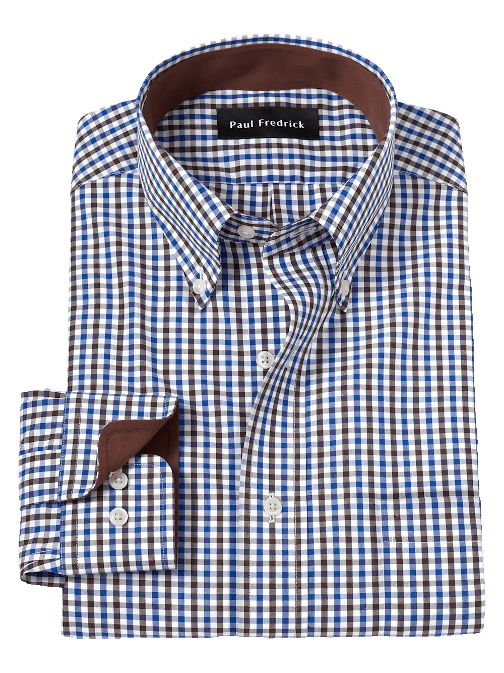 Non-Iron Cotton Gingham Dress Shirt With Contrast Trim - Blue/brown sold by Paul Fredrick