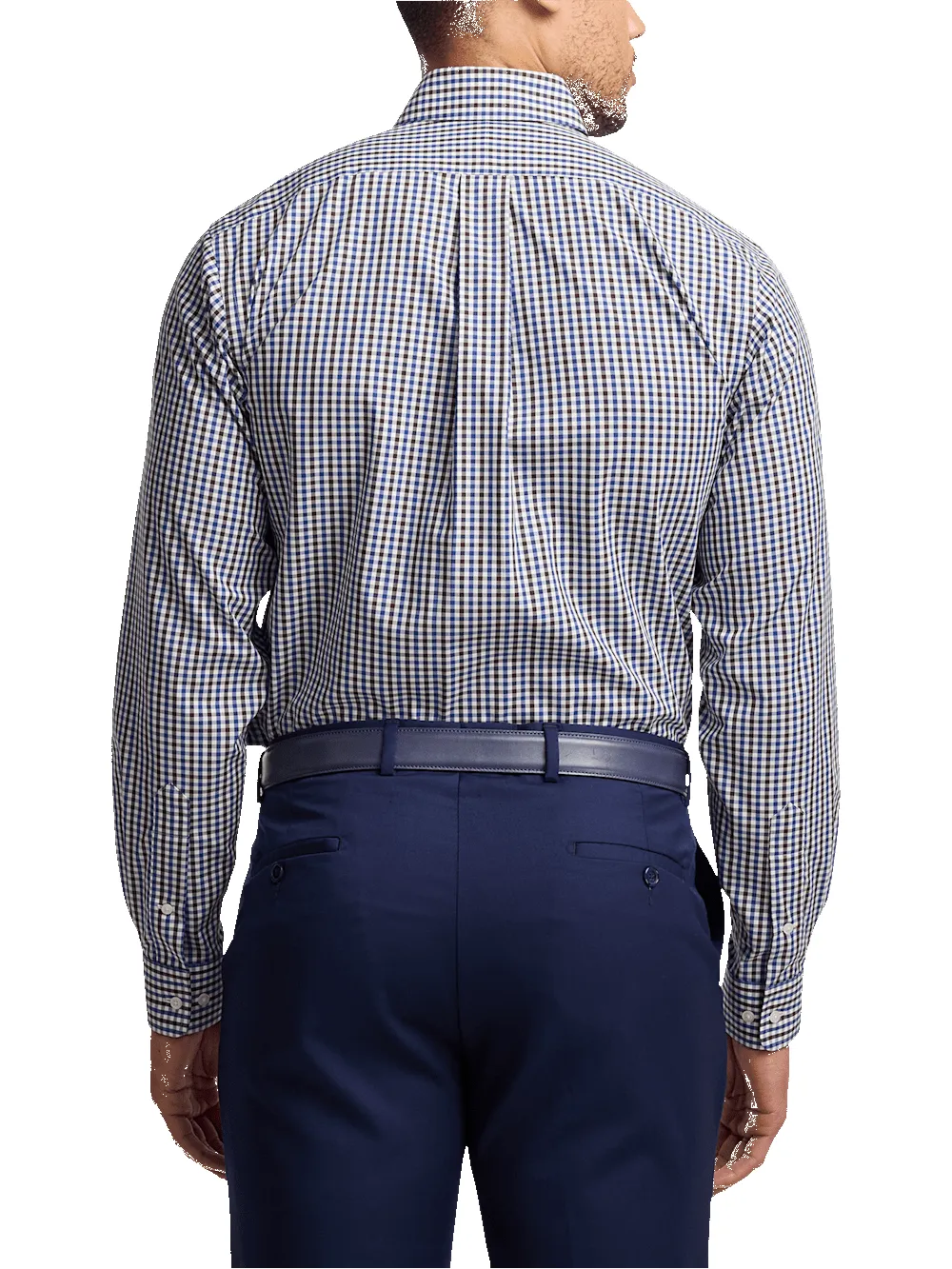 Non-Iron Cotton Gingham Dress Shirt With Contrast Trim - Blue/brown sold by Paul Fredrick product image thumbnail 5