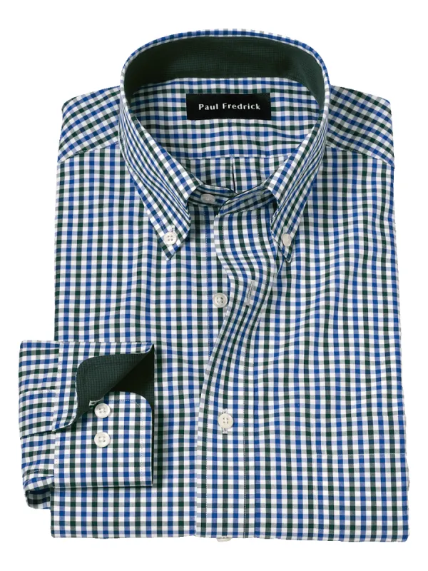 Non-Iron Cotton Gingham Dress Shirt With Contrast Trim - Blue/green sold by Paul Fredrick