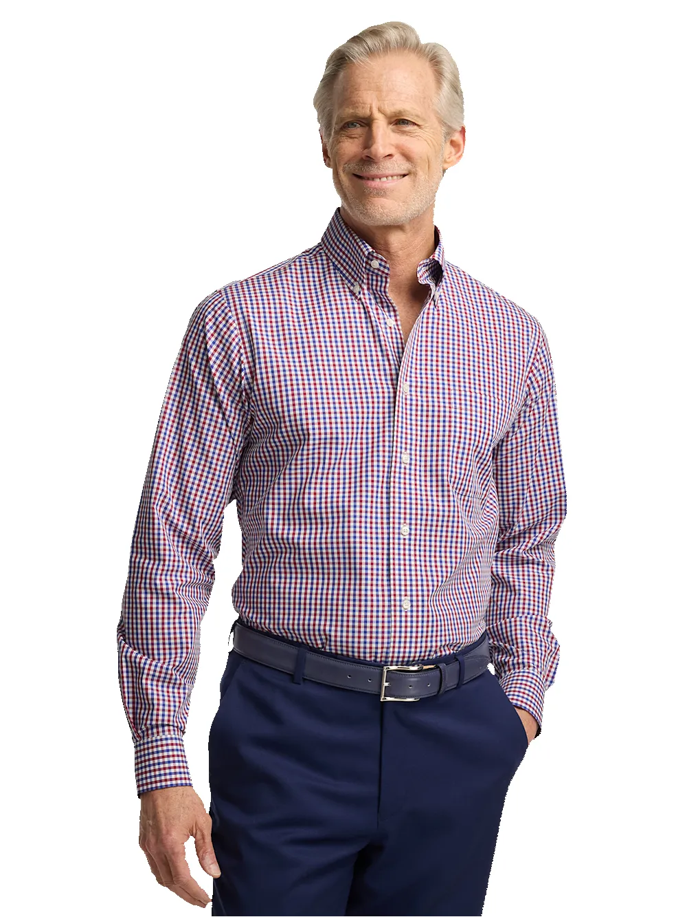 Non-Iron Cotton Gingham Dress Shirt With Contrast Trim - Blue/red sold by Paul Fredrick product image thumbnail 2