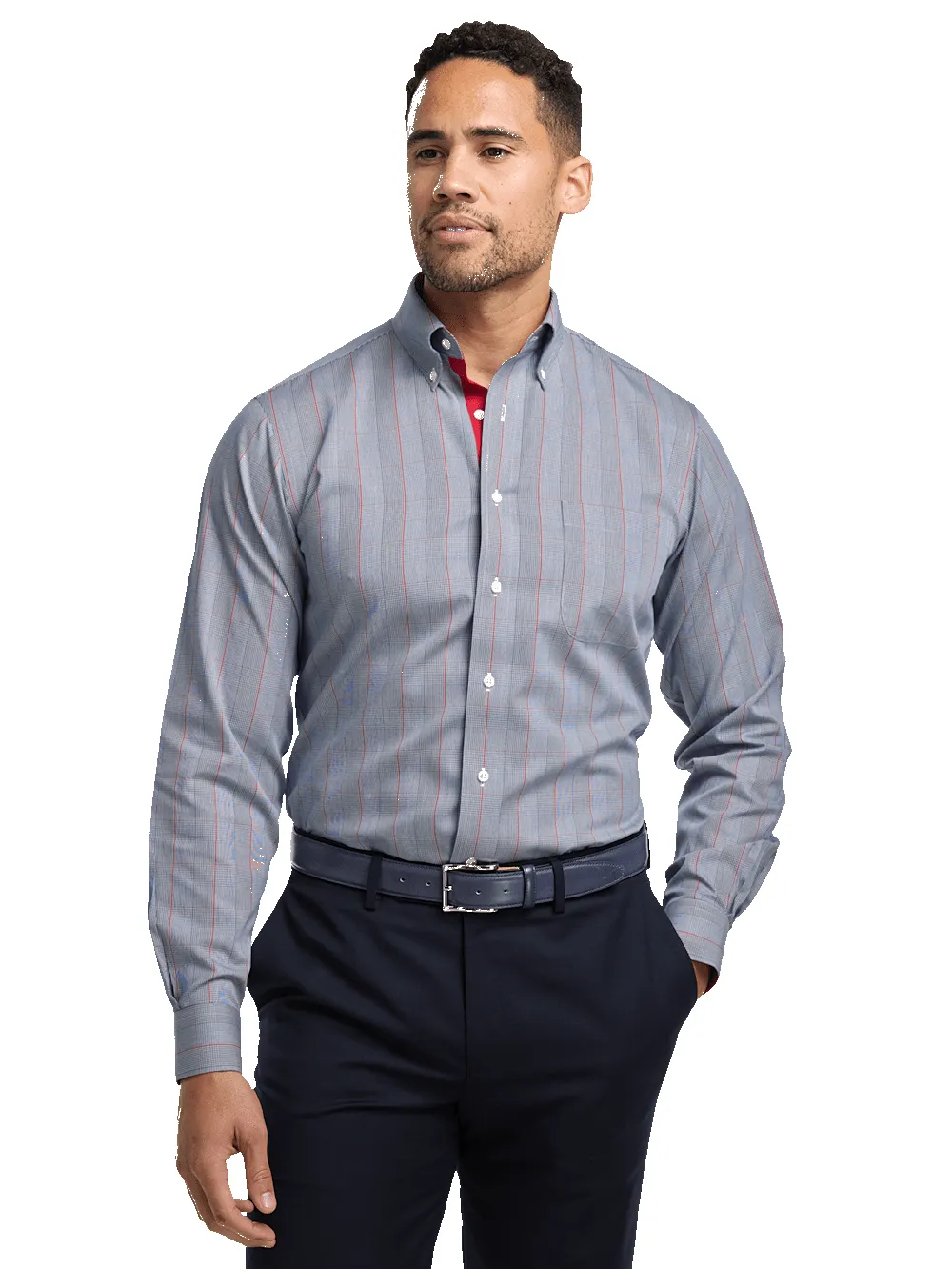 Non-Iron Cotton Glen Plaid Dress Shirt With Contrast Trim - Navy/red sold by Paul Fredrick product image thumbnail 2