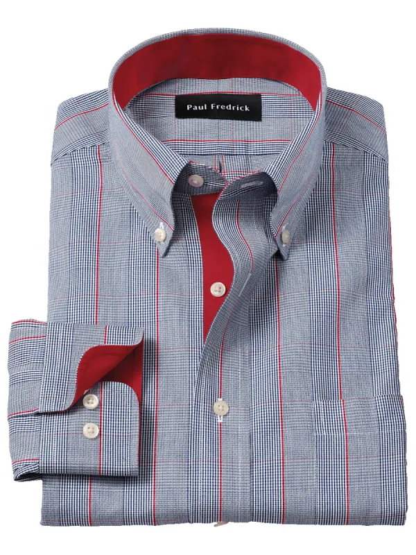 Non-Iron Cotton Glen Plaid Dress Shirt With Contrast Trim - Navy/red sold by Paul Fredrick
