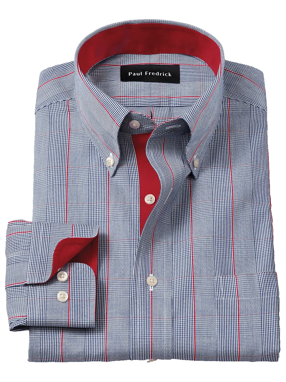 Non-Iron Cotton Glen Plaid Dress Shirt With Contrast Trim - Navy/red sold by Paul Fredrick