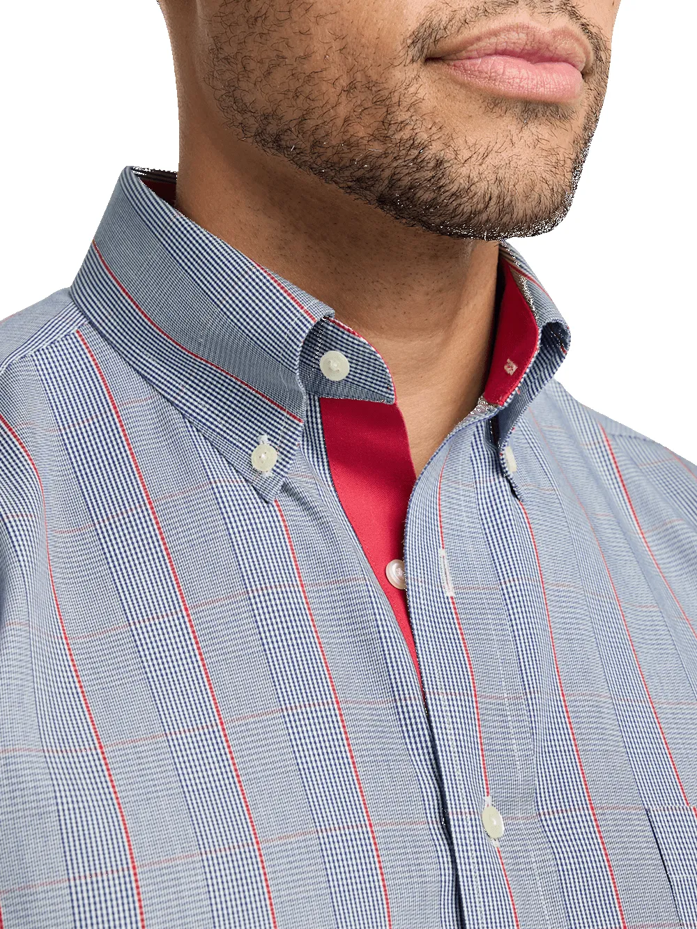 Non-Iron Cotton Glen Plaid Dress Shirt With Contrast Trim - Navy/red sold by Paul Fredrick product image thumbnail 3