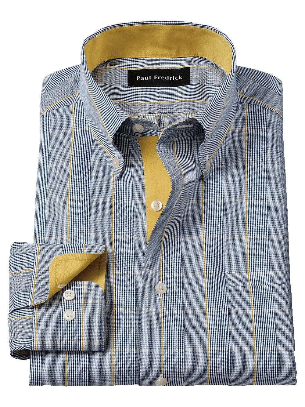 Non-Iron Cotton Glen Plaid Dress Shirt With Contrast Trim - Navy/gold sold by Paul Fredrick