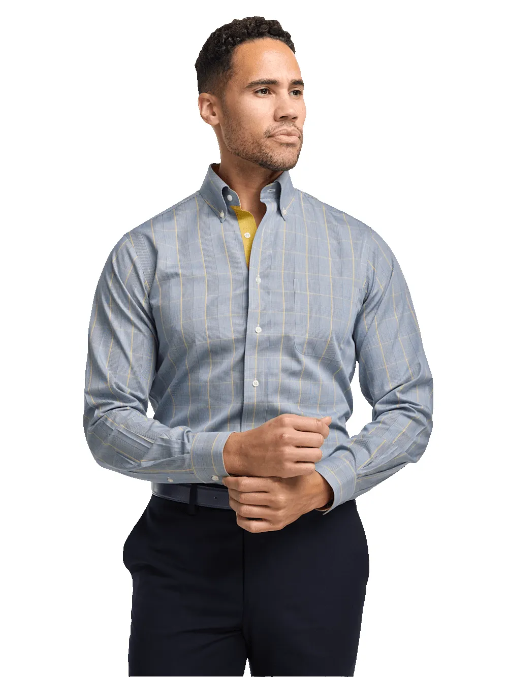 Non-Iron Cotton Glen Plaid Dress Shirt With Contrast Trim - Navy/gold sold by Paul Fredrick product image thumbnail 2