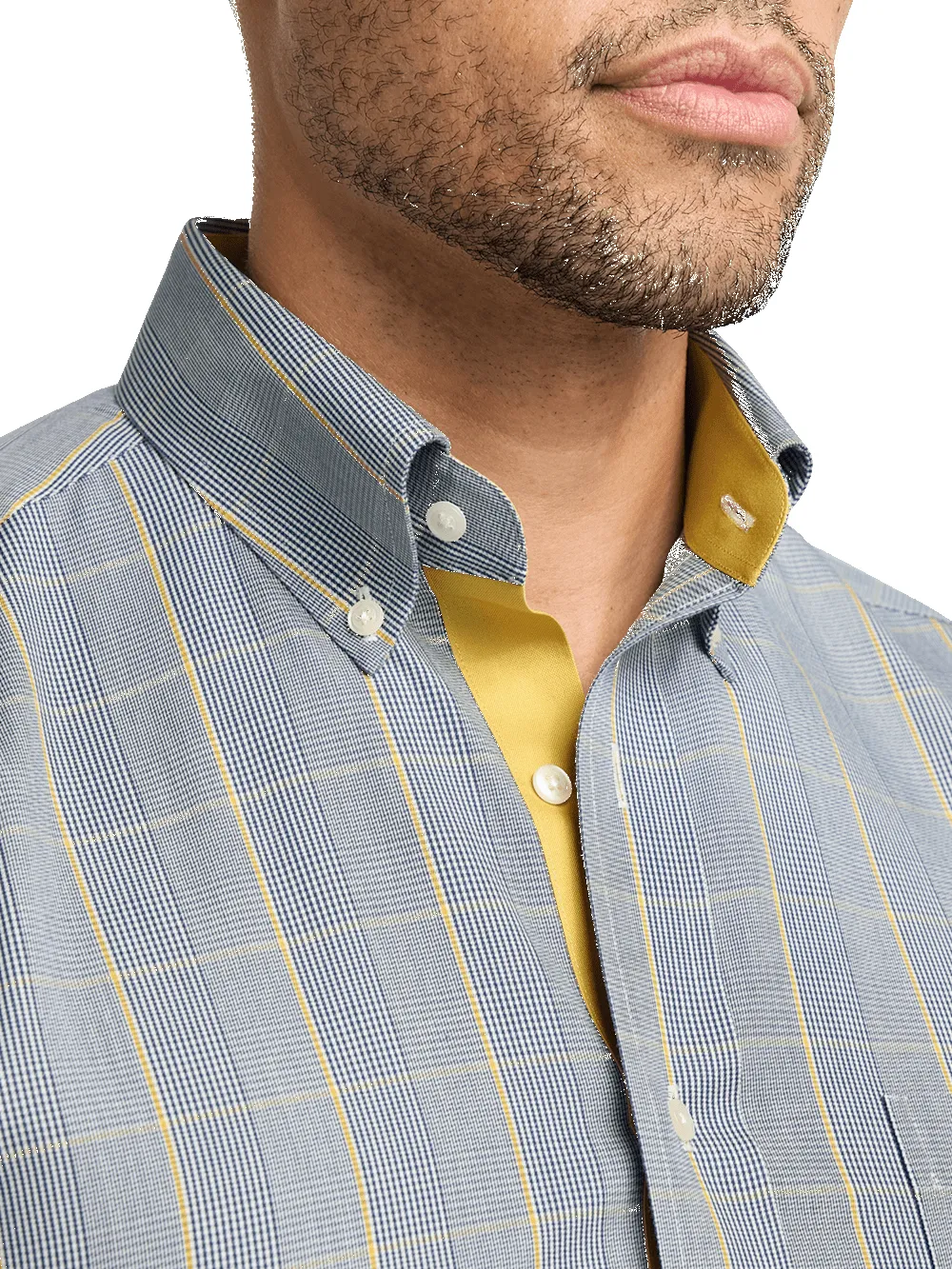Non-Iron Cotton Glen Plaid Dress Shirt With Contrast Trim - Navy/gold sold by Paul Fredrick product image thumbnail 3