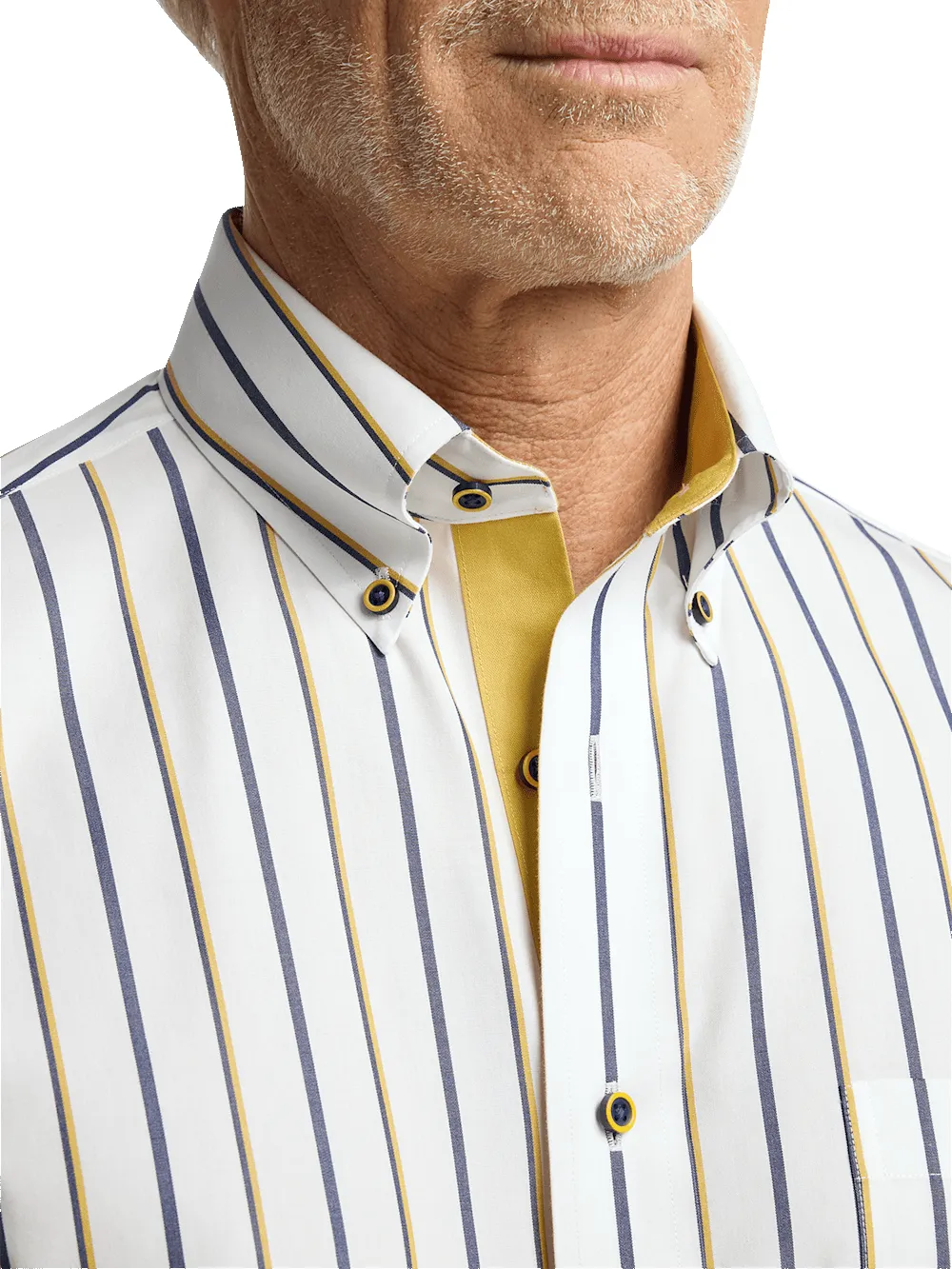 Non-Iron Cotton Stripe Dress Shirt With Contrast Trim - Navy/gold sold by Paul Fredrick product image thumbnail 3