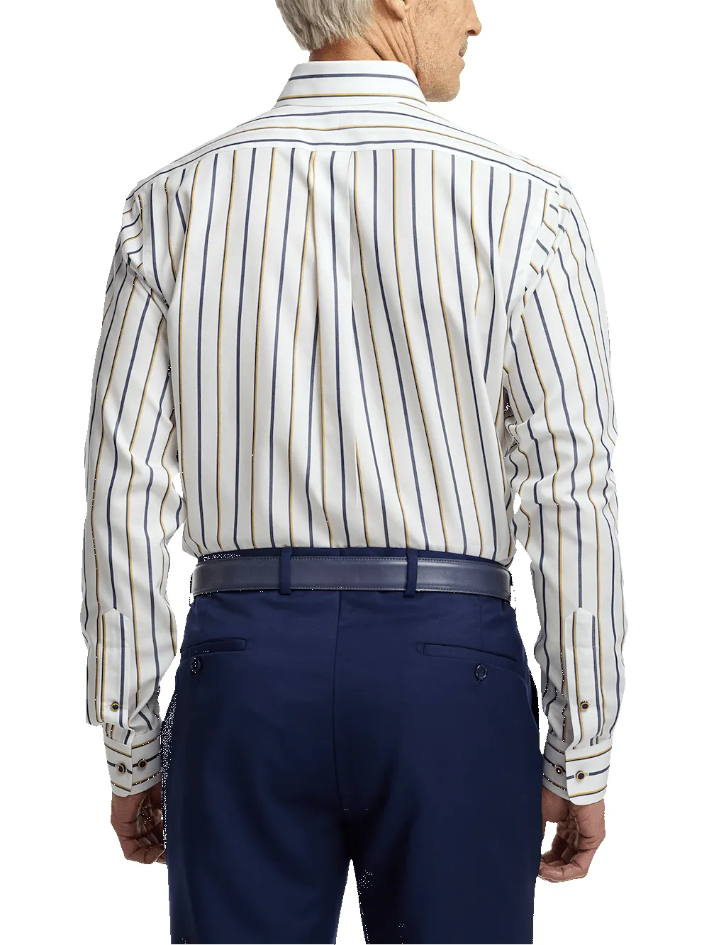 Non-Iron Cotton Stripe Dress Shirt With Contrast Trim - Navy/gold sold by Paul Fredrick product image thumbnail 5