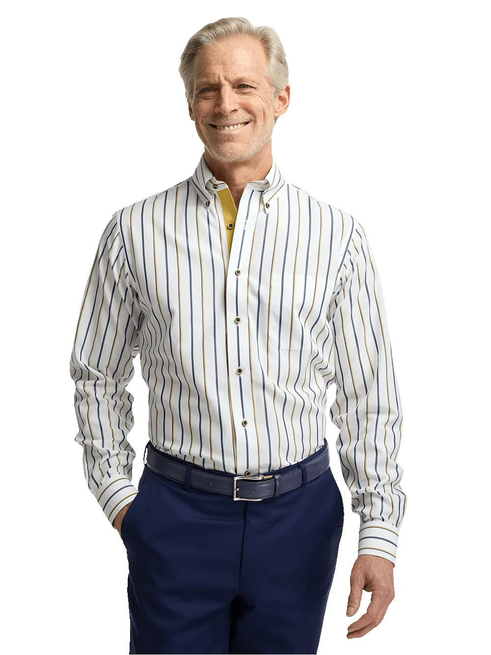 Non-Iron Cotton Stripe Dress Shirt With Contrast Trim - Navy/gold sold by Paul Fredrick product image thumbnail 2