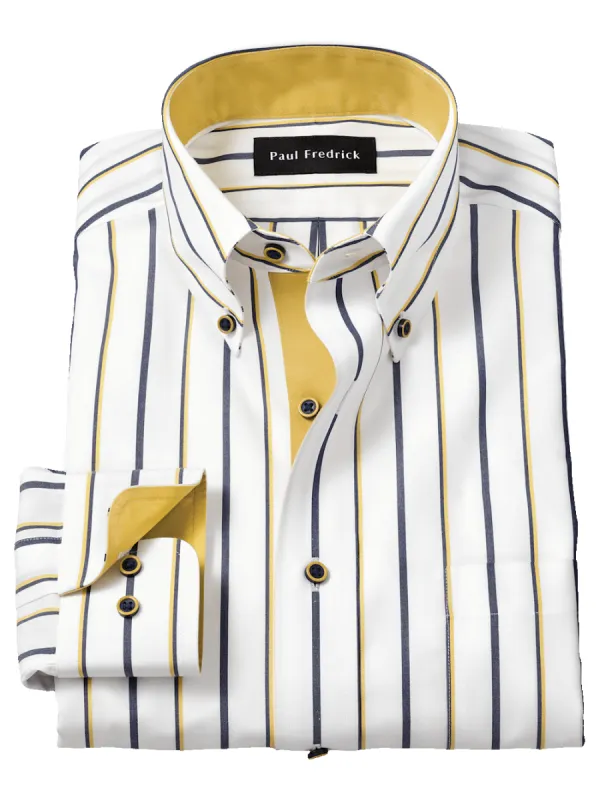Non-Iron Cotton Stripe Dress Shirt With Contrast Trim - Navy/gold sold by Paul Fredrick
