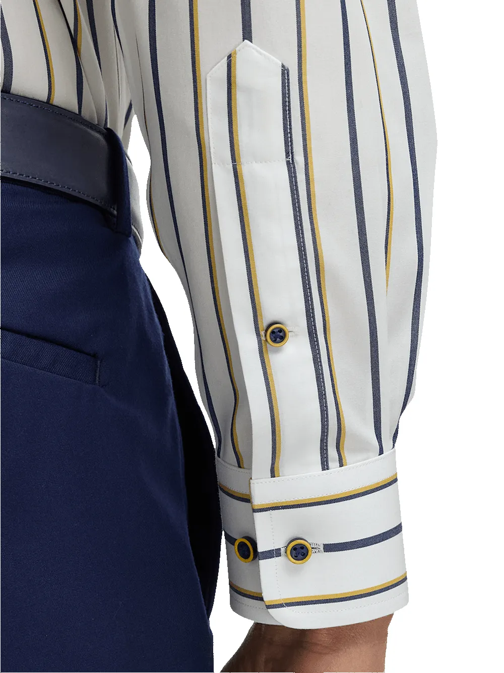 Non-Iron Cotton Stripe Dress Shirt With Contrast Trim - Navy/gold sold by Paul Fredrick product image thumbnail 4