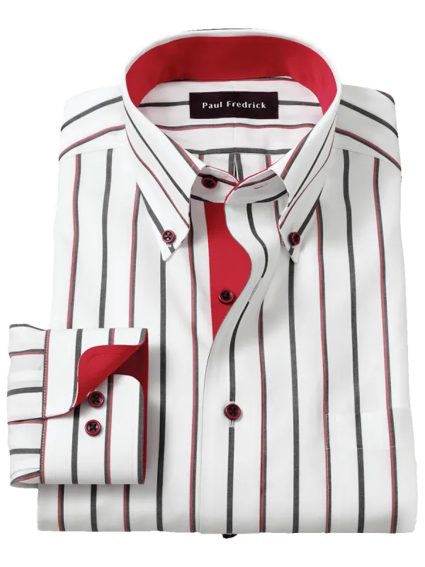 Non-Iron Cotton Stripe Dress Shirt With Contrast Trim - Black/red sold by Paul Fredrick