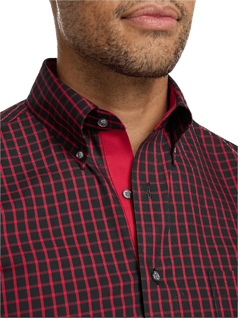 Non-Iron Cotton Check Dress Shirt With Contrast Trim - Black/red sold by Paul Fredrick product image thumbnail 3