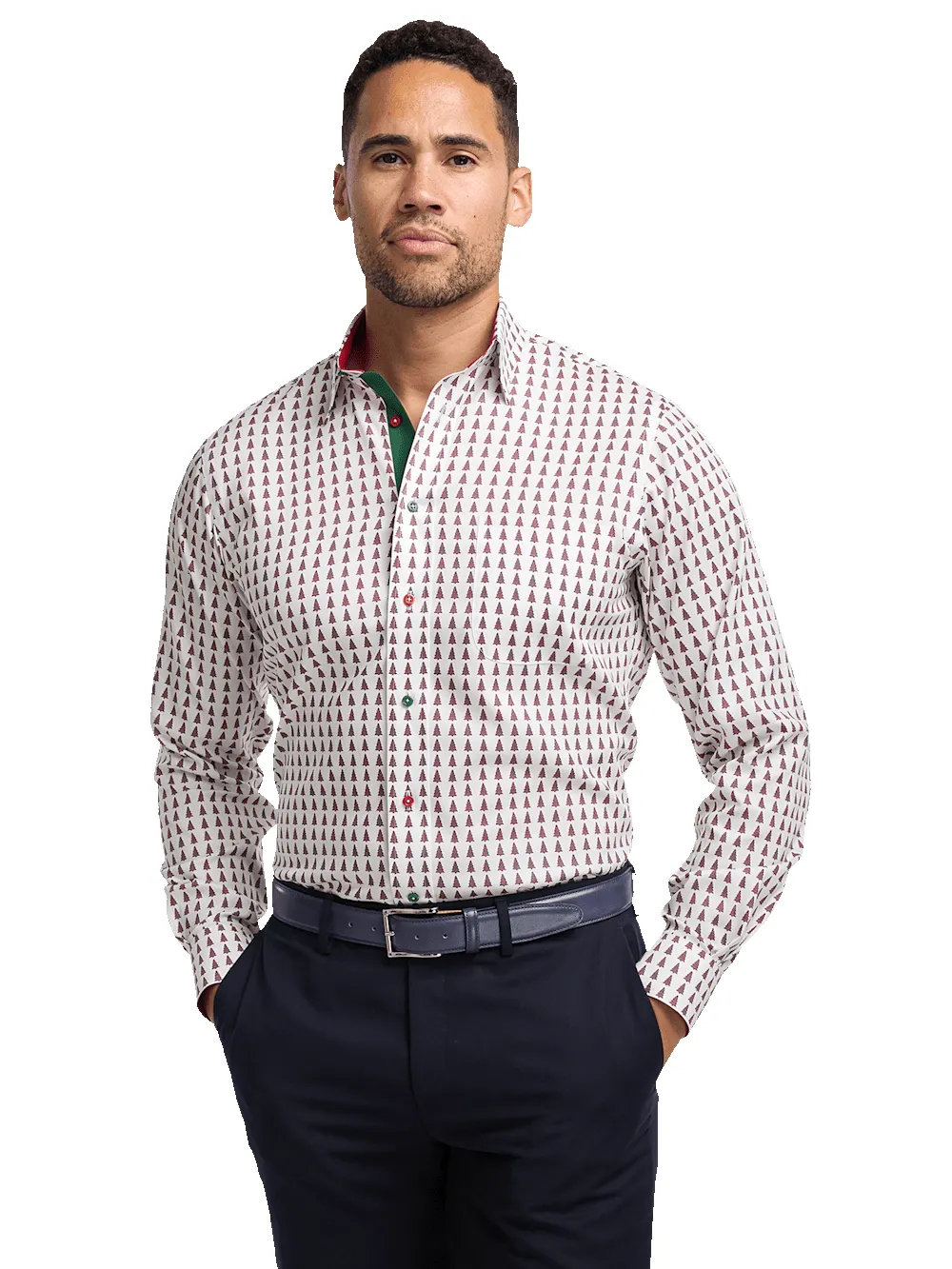 Non-Iron Cotton Christmas Tree Dress Shirt With Contrast Trim - Red/green sold by Paul Fredrick product image thumbnail 2