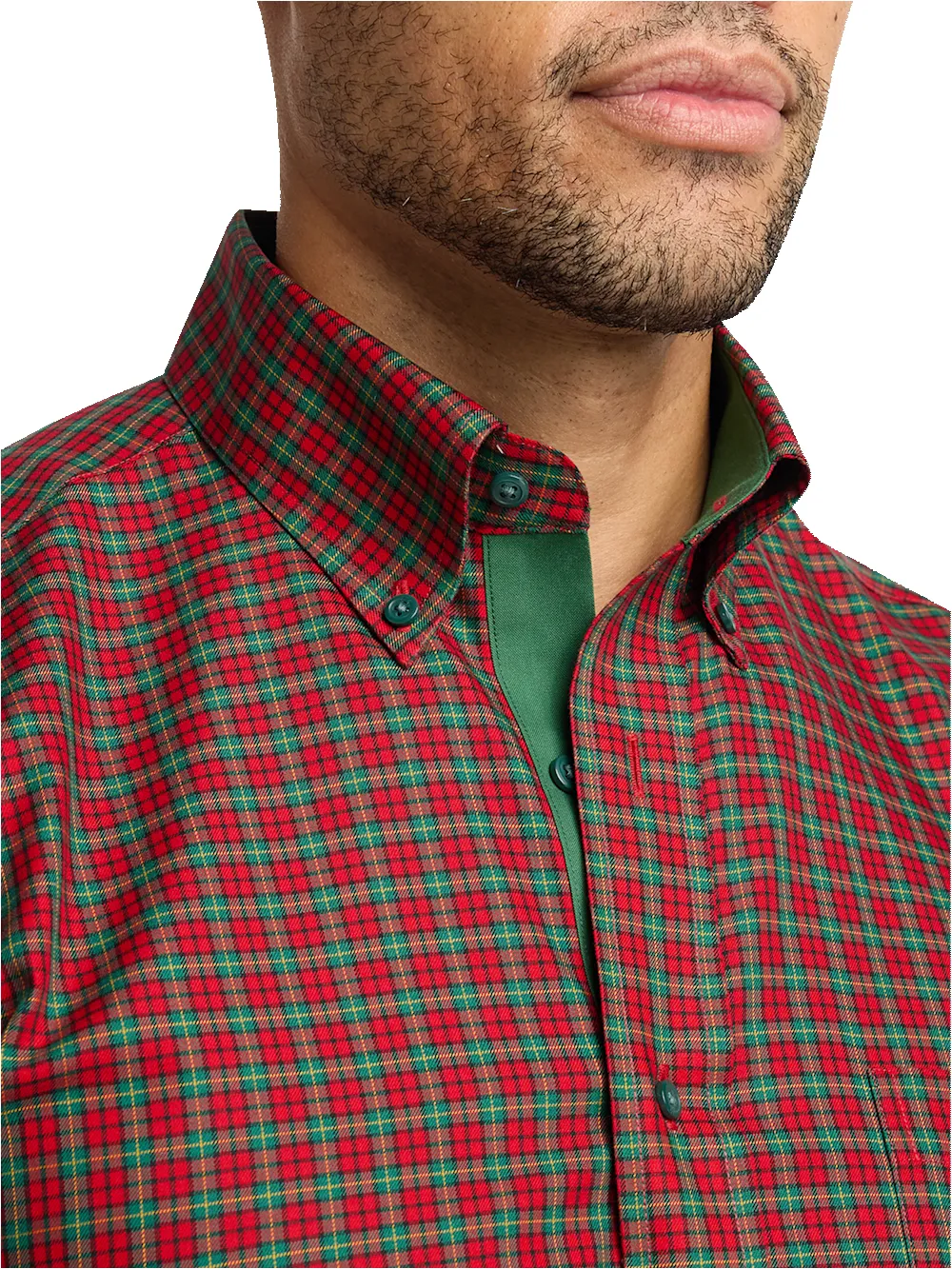 Non-Iron Cotton Plaid Dress Shirt With Contrast Trim - Red/green sold by Paul Fredrick product image thumbnail 3