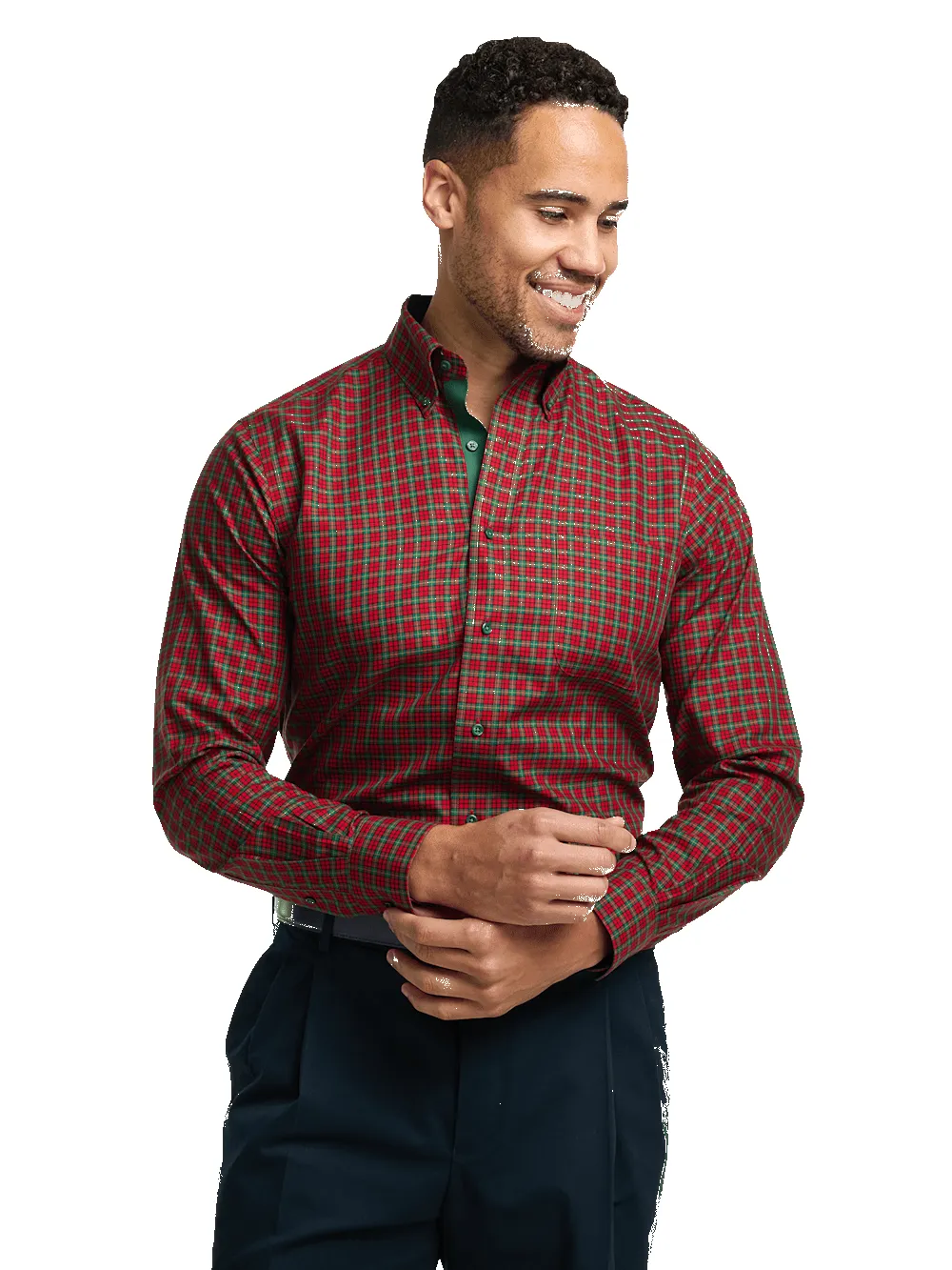 Non-Iron Cotton Plaid Dress Shirt With Contrast Trim - Red/green sold by Paul Fredrick product image thumbnail 2