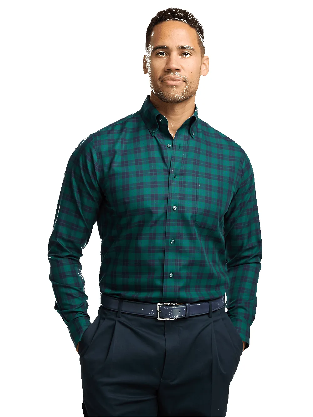 Non-Iron Cotton Plaid Dress Shirt - Navy/green sold by Paul Fredrick product image thumbnail 2