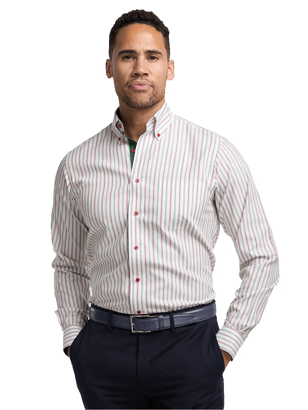 Non-Iron Cotton Stripe Dress Shirt With Contrast Trim - Red/green sold by Paul Fredrick product image thumbnail 2