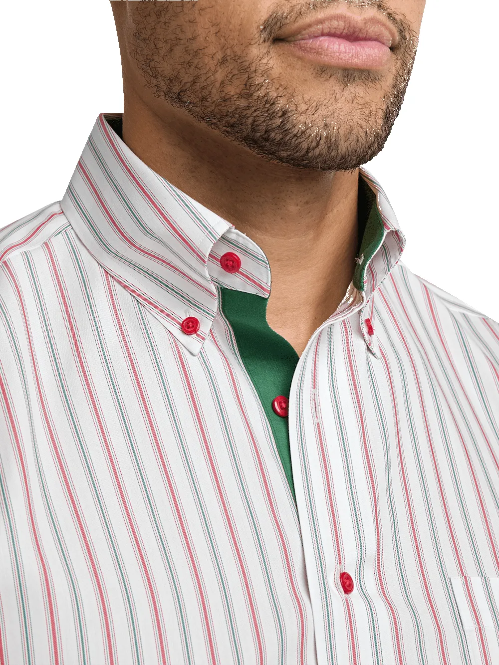 Non-Iron Cotton Stripe Dress Shirt With Contrast Trim - Red/green sold by Paul Fredrick product image thumbnail 3