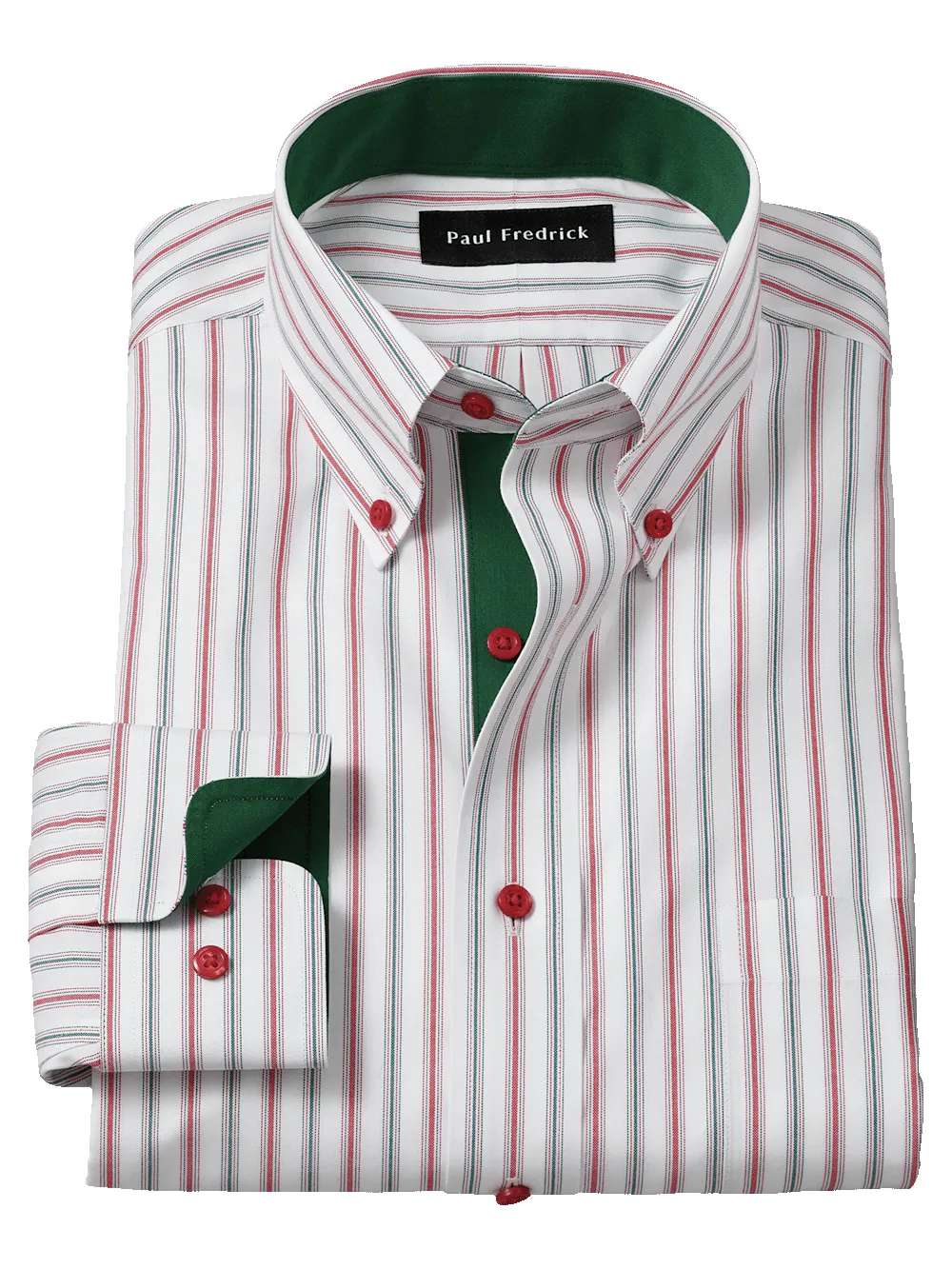 Non-Iron Cotton Stripe Dress Shirt With Contrast Trim - Red/green sold by Paul Fredrick