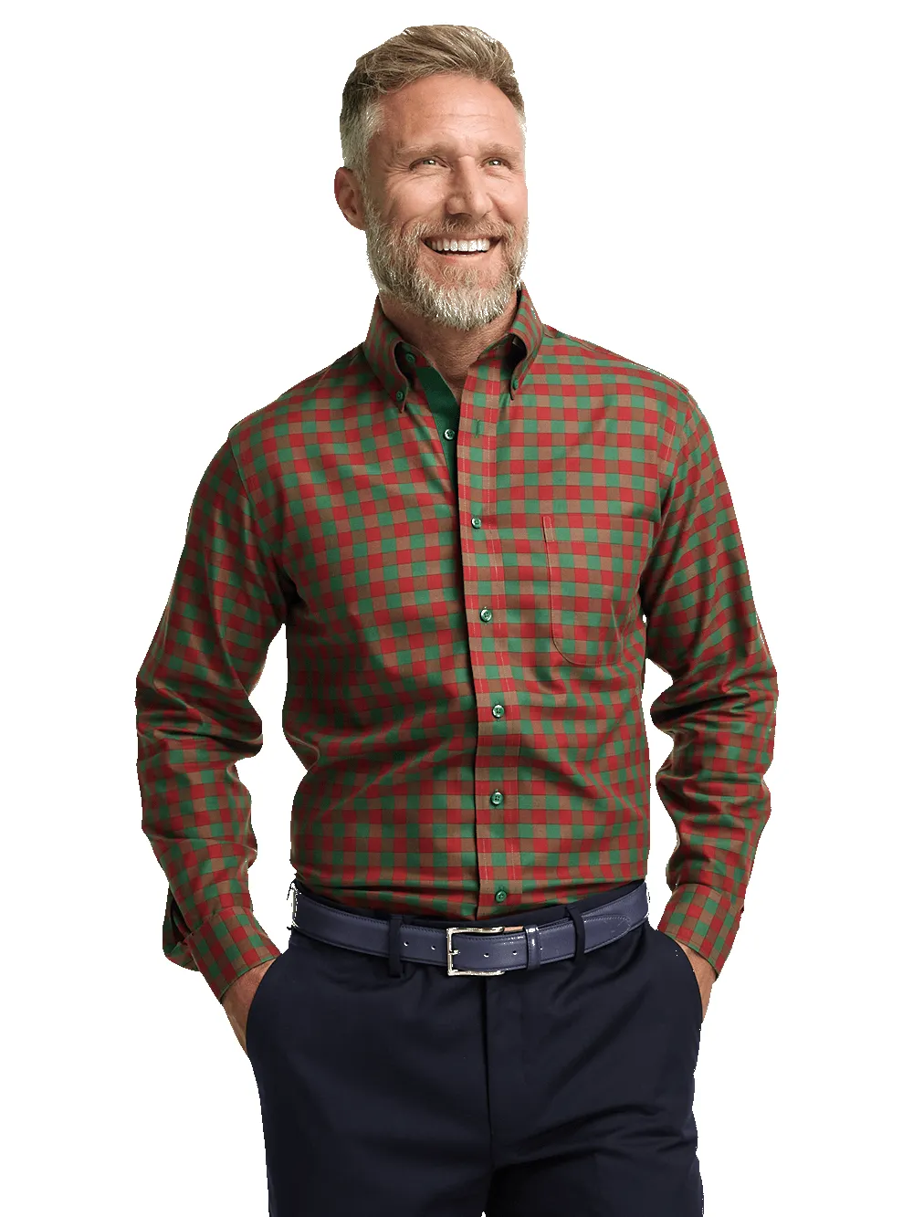 Non-Iron Cotton Gingham Dress Shirt With Contrast Trim - Green/rust sold by Paul Fredrick product image thumbnail 2