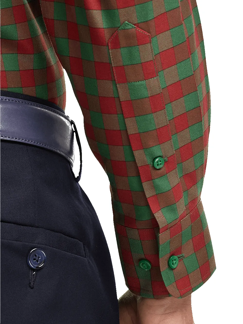 Non-Iron Cotton Gingham Dress Shirt With Contrast Trim - Green/rust sold by Paul Fredrick product image thumbnail 4
