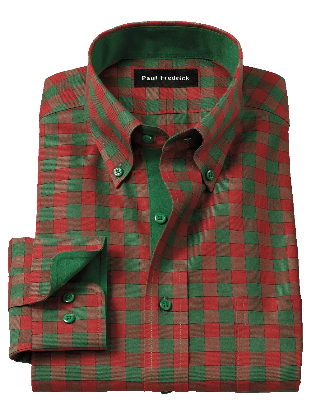 Non-Iron Cotton Gingham Dress Shirt With Contrast Trim - Green/rust sold by Paul Fredrick