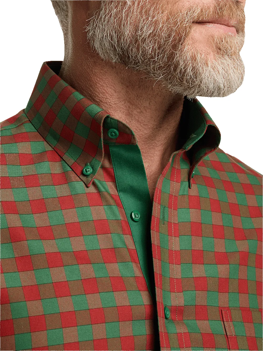 Non-Iron Cotton Gingham Dress Shirt With Contrast Trim - Green/rust sold by Paul Fredrick product image thumbnail 3