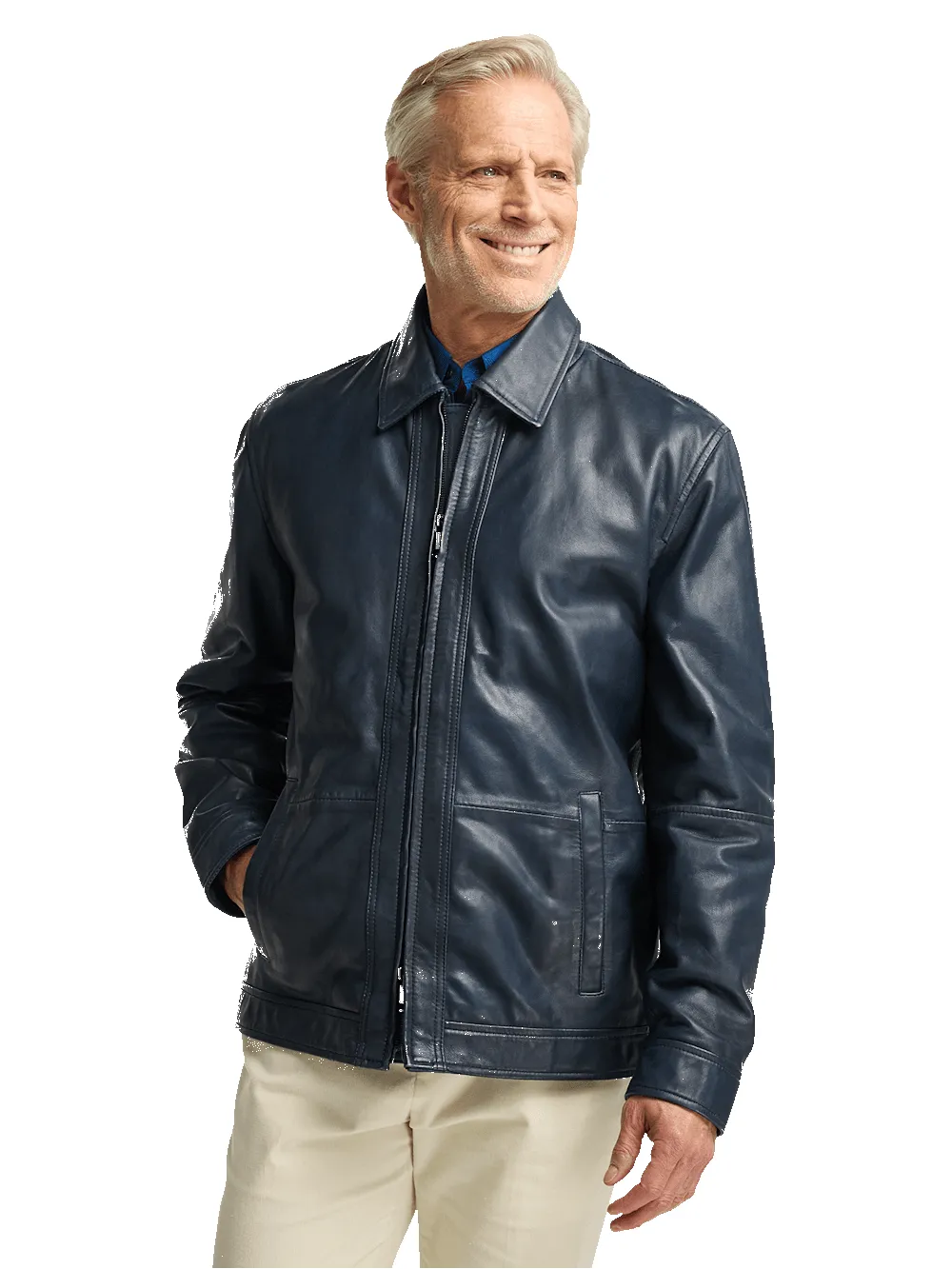 Leather Bomber Jacket - Navy sold by Paul Fredrick product image thumbnail 3