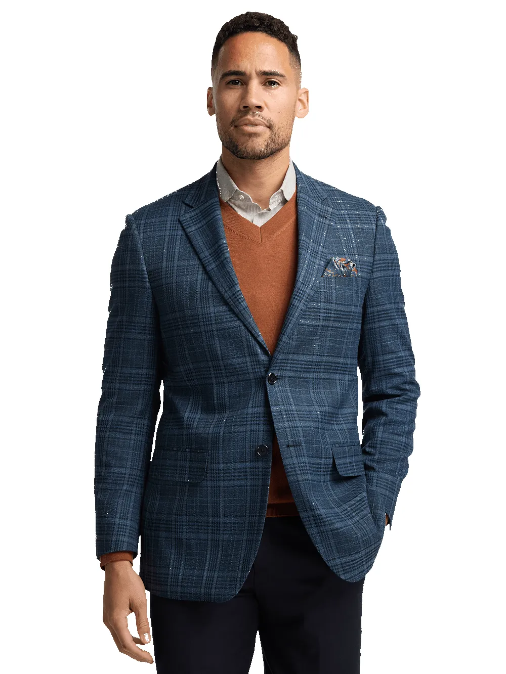 Microfiber Plaid Single Breasted Notch Lapel Sport Coat - Navy sold by Paul Fredrick product image thumbnail 3