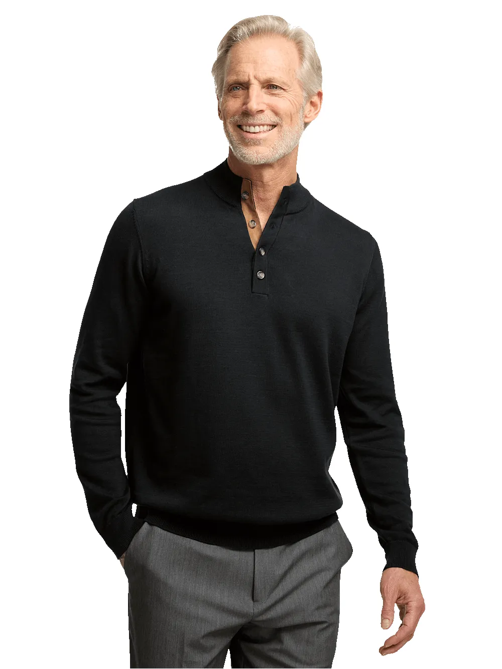 Supima Cotton Four Button Mock Neck Sweater - Black sold by Paul Fredrick product image thumbnail 2