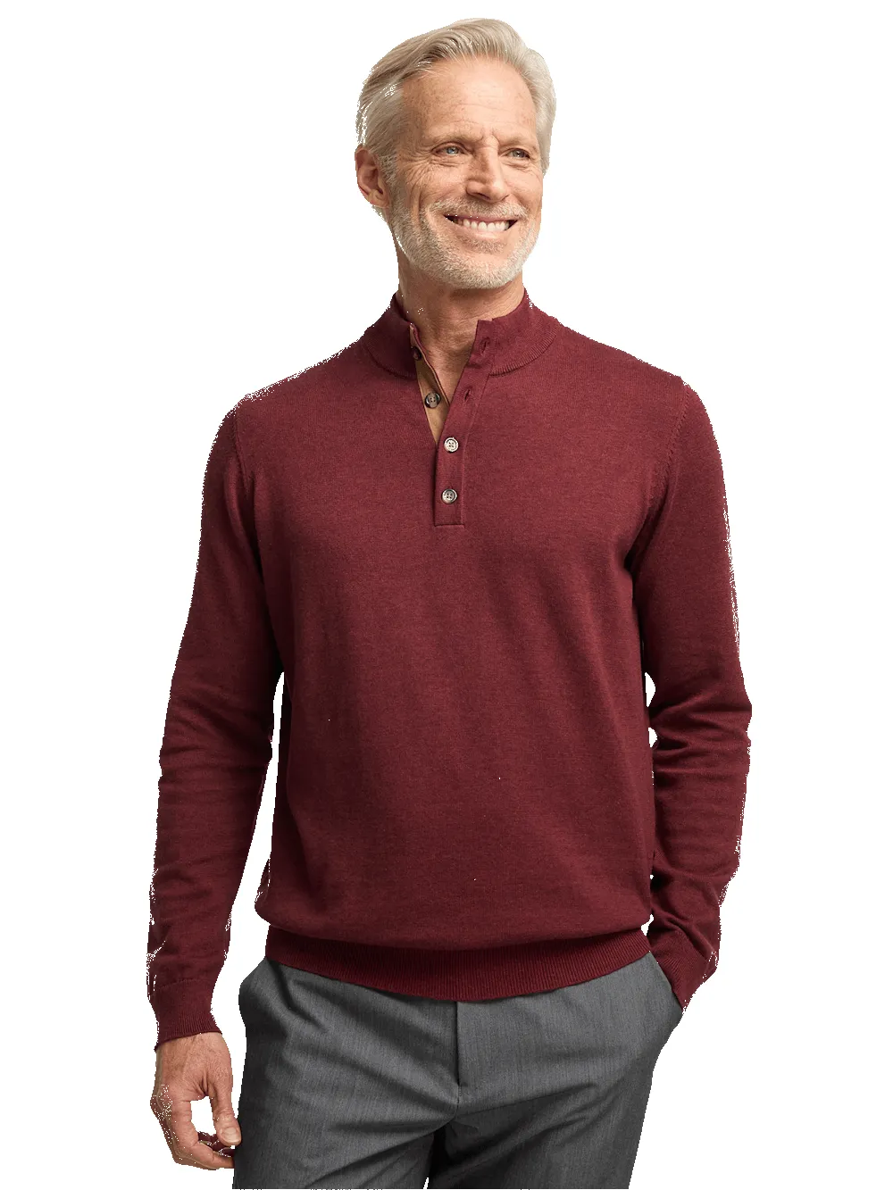 Supima Cotton Four Button Mock Neck Sweater - Burgundy sold by Paul Fredrick product image thumbnail 2