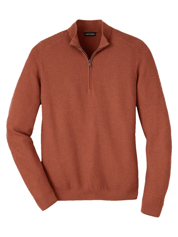 Silk Cotton Cashmere Quarter Zip Mock Neck Sweater - Terracotta sold by Paul Fredrick