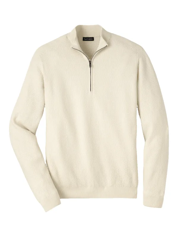 Silk Cotton Cashmere Quarter Zip Mock Neck Sweater - Ivory sold by Paul Fredrick