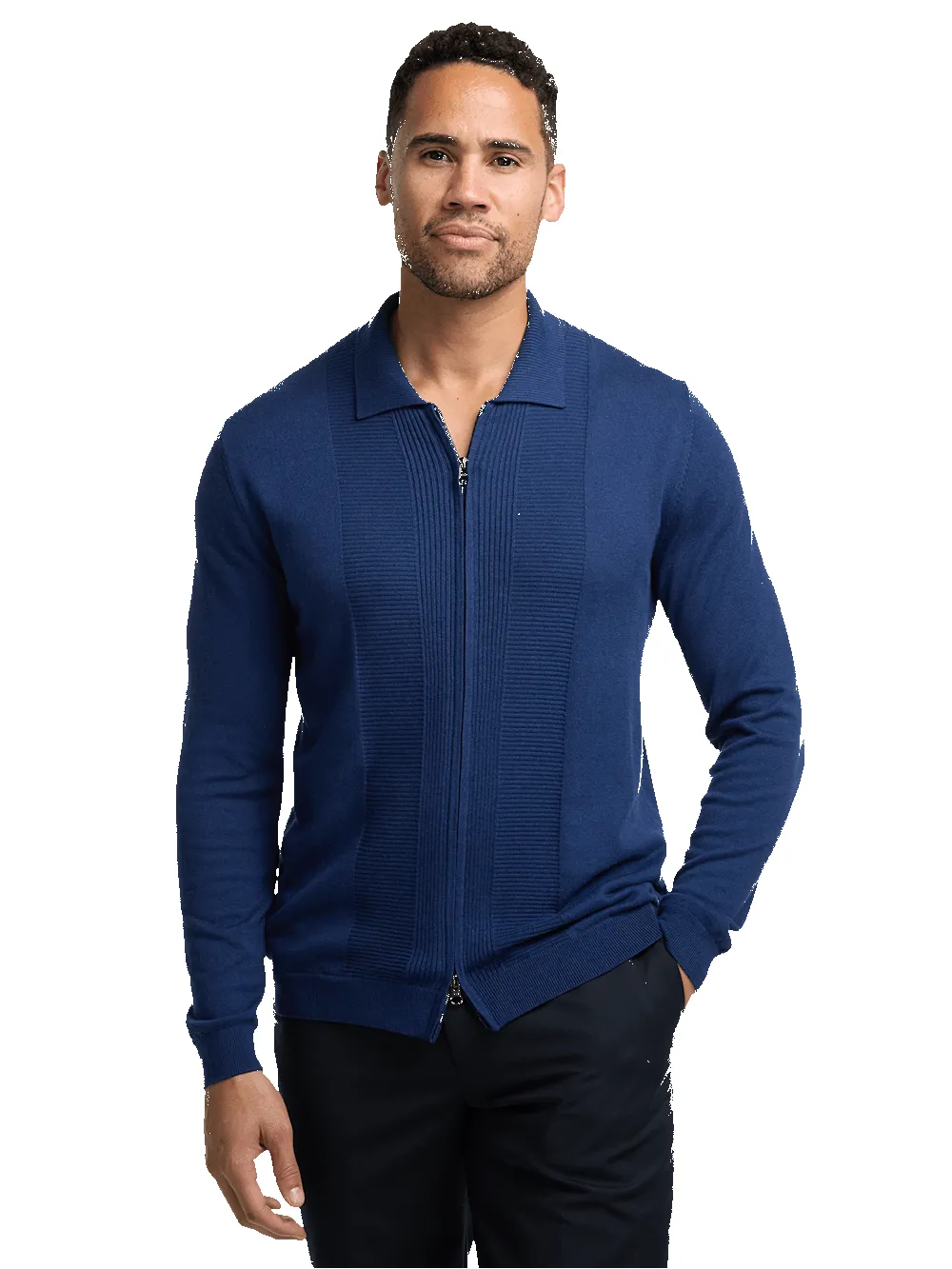 Silk Cotton Cashmere Full Zip Polo - Navy sold by Paul Fredrick product image thumbnail 2