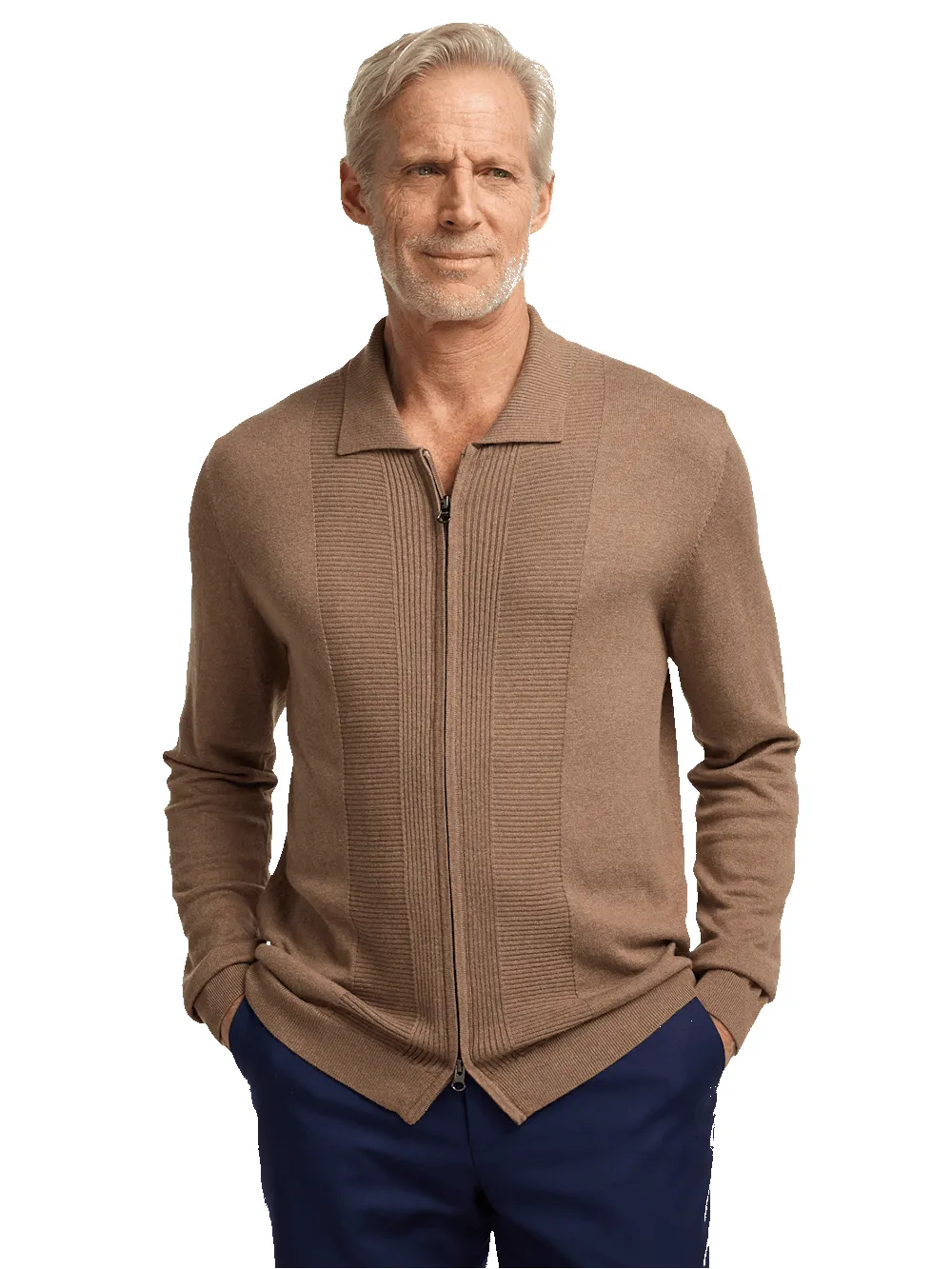 Silk Cotton Cashmere Full Zip Polo - Camel sold by Paul Fredrick product image thumbnail 2