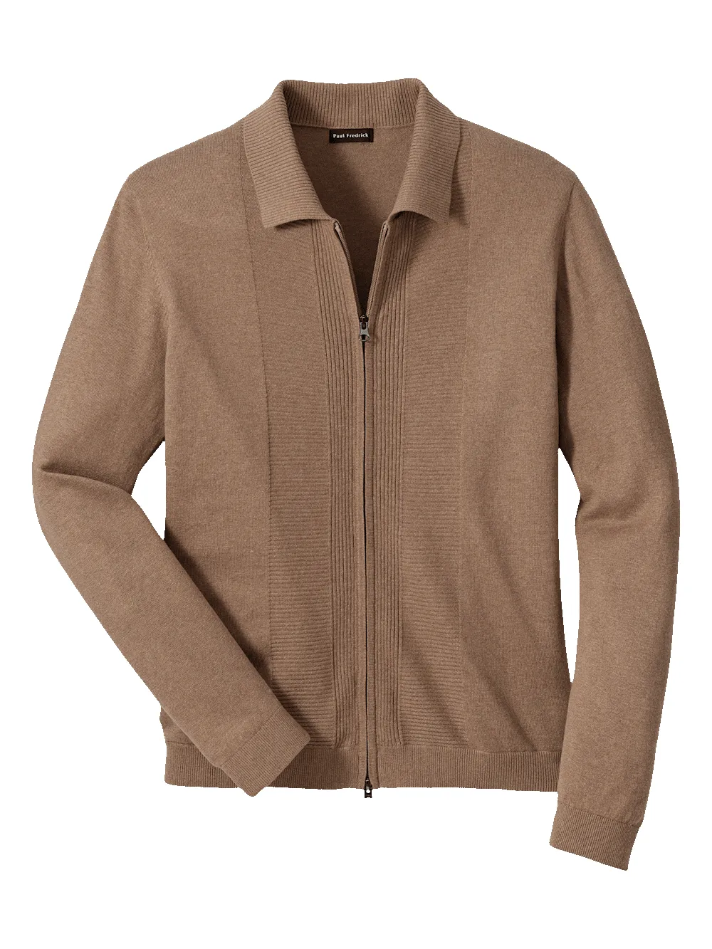 Silk Cotton Cashmere Full Zip Polo - Camel sold by Paul Fredrick