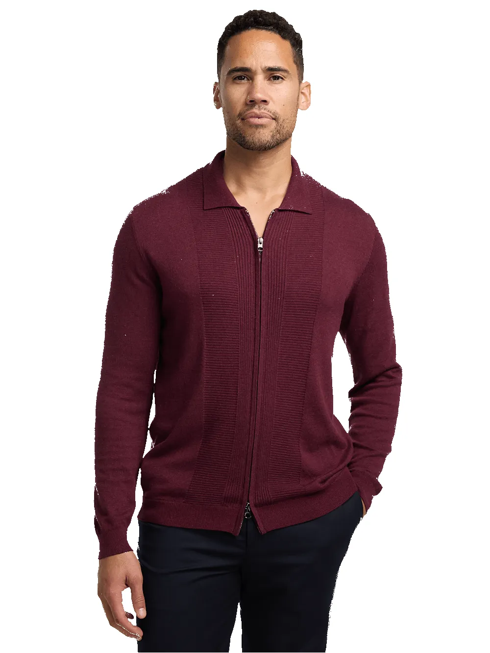 Silk Cotton Cashmere Full Zip Polo - Wine sold by Paul Fredrick product image thumbnail 2
