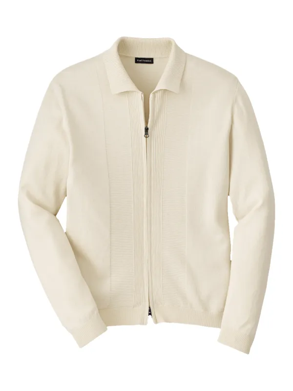 Silk Cotton Cashmere Full Zip Polo - Ivory sold by Paul Fredrick