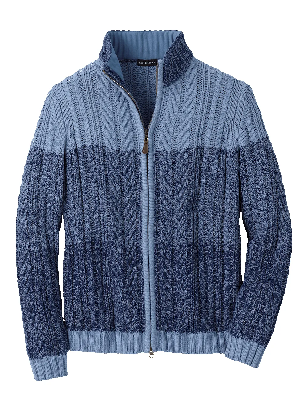 Cotton Cable Full Zip Mock Neck Sweater - Blue sold by Paul Fredrick