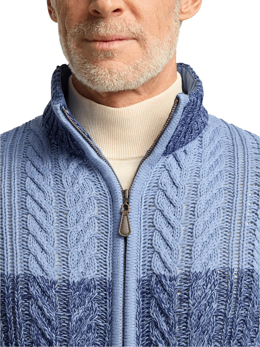 Cotton Cable Full Zip Mock Neck Sweater - Blue sold by Paul Fredrick product image thumbnail 3