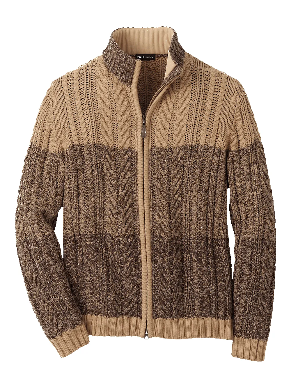Cotton Cable Full Zip Mock Neck Sweater - Brown sold by Paul Fredrick