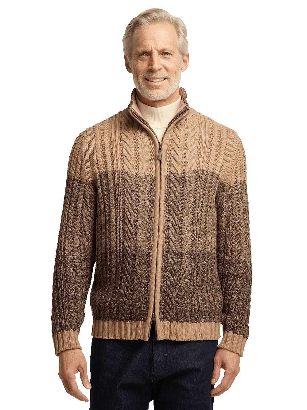 Cotton Cable Full Zip Mock Neck Sweater - Brown sold by Paul Fredrick product image thumbnail 2