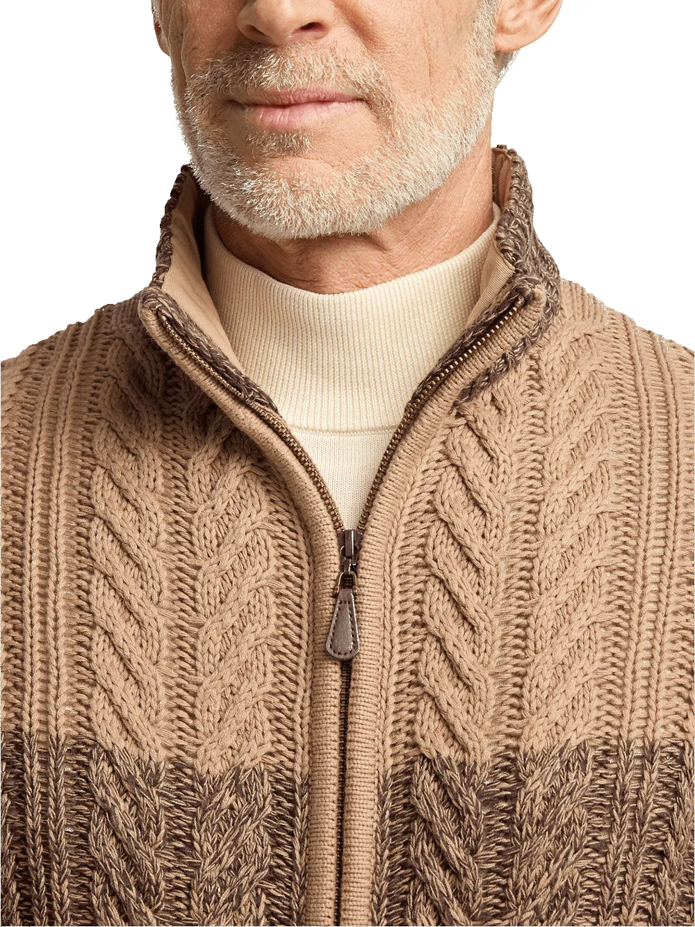 Cotton Cable Full Zip Mock Neck Sweater - Brown sold by Paul Fredrick product image thumbnail 3