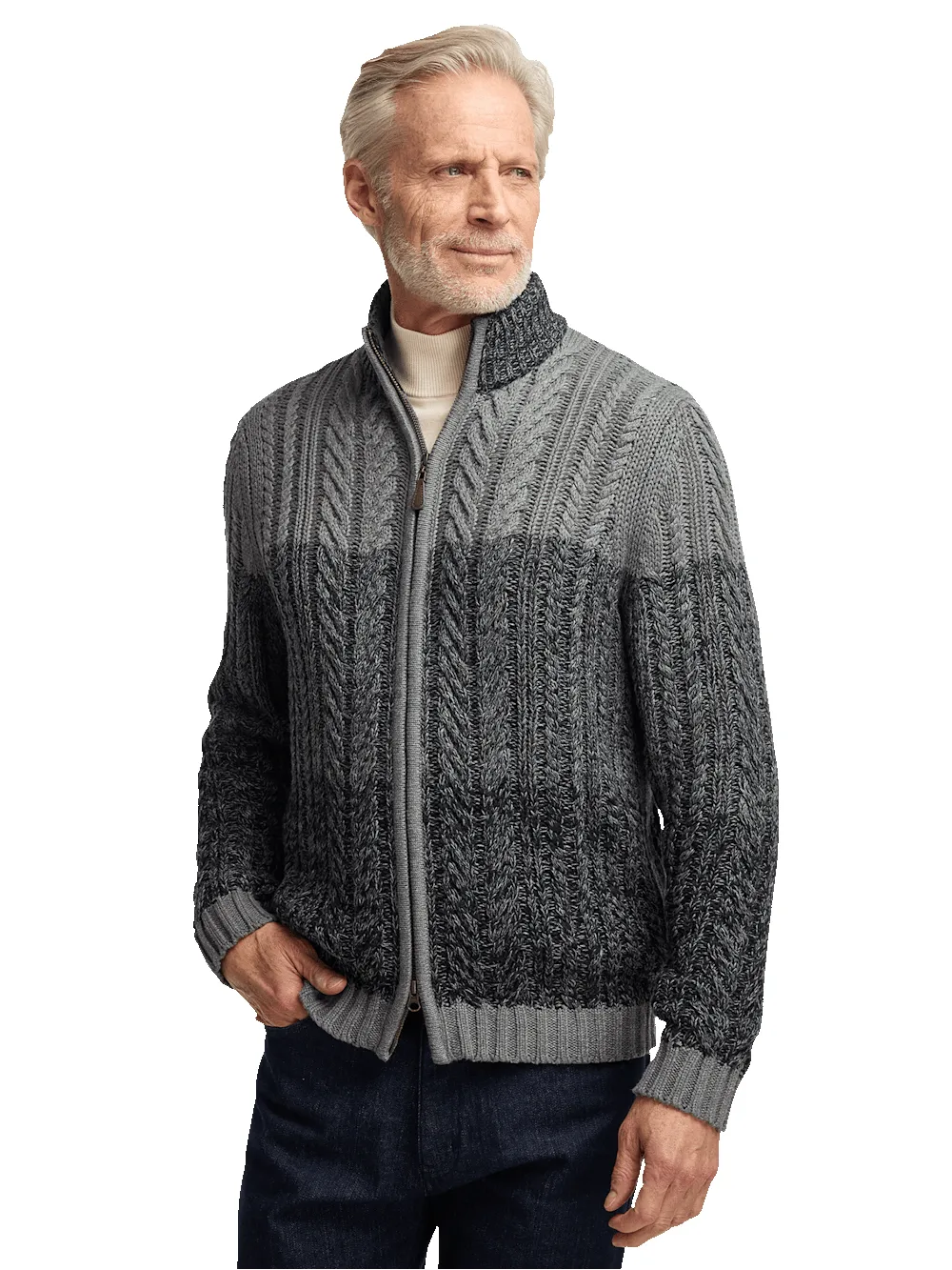 Cotton Cable Full Zip Mock Neck Sweater - Black/grey sold by Paul Fredrick product image thumbnail 2