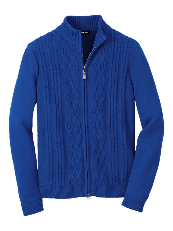 Cotton Cable Full Zip Mock Neck Sweater - Cobalt sold by Paul Fredrick