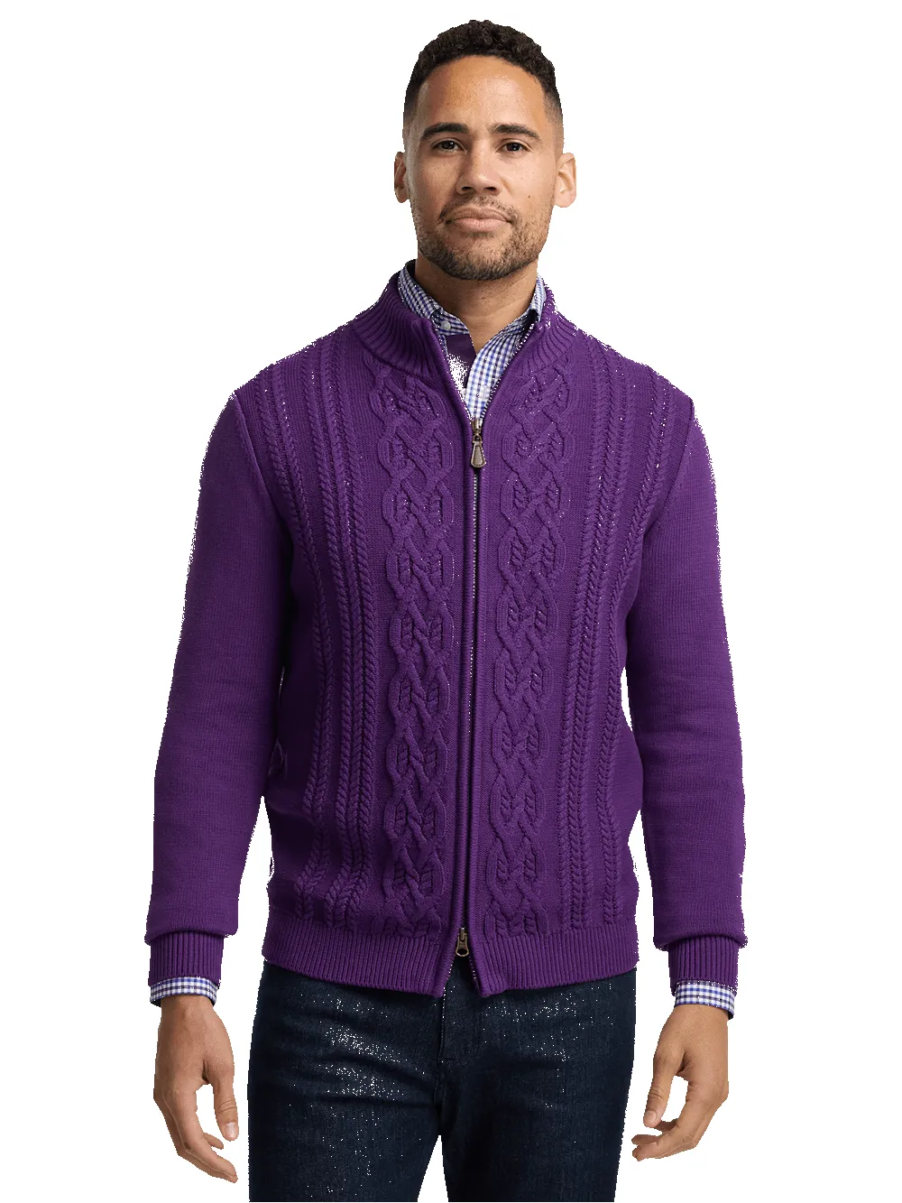 Cotton Cable Full Zip Mock Neck Sweater - Purple sold by Paul Fredrick product image thumbnail 2