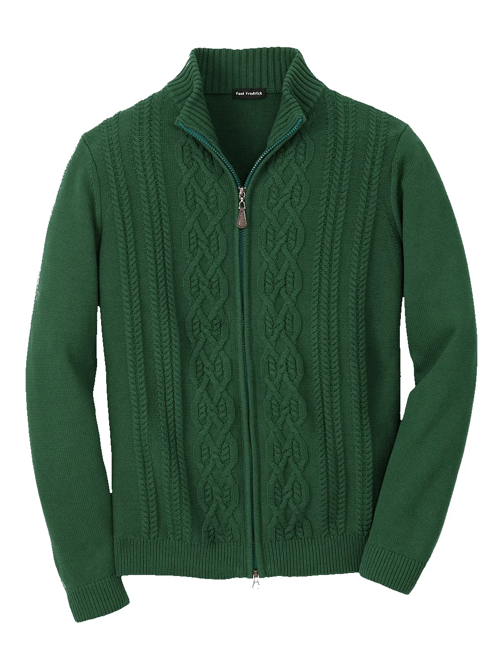 Cotton Cable Full Zip Mock Neck Sweater - Green sold by Paul Fredrick