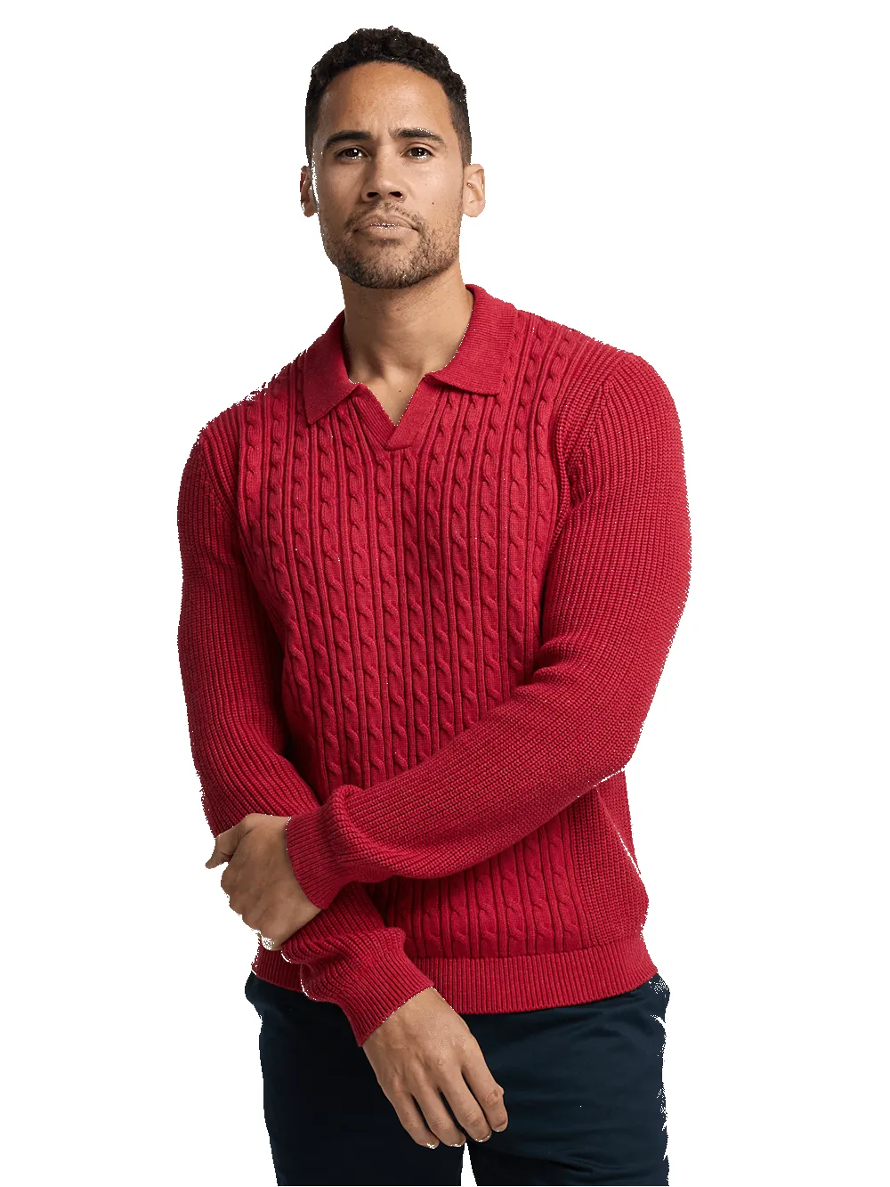 Cotton Cable V-neck Polo - Red sold by Paul Fredrick product image thumbnail 2